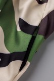Green Casual Camouflage Print Patchwork Slit Zipper Regular High Waist Skirts (Subject To The Actual Object)