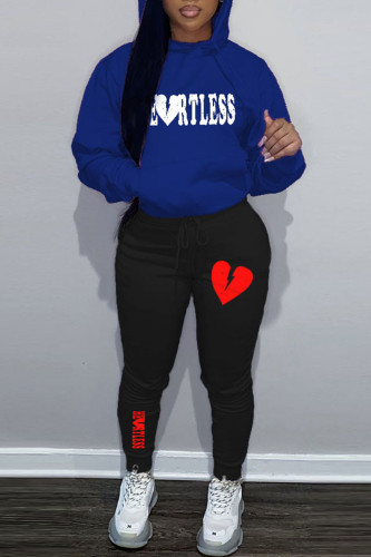 Blue Casual Letter Print Hooded Collar Long Sleeve Sweatshirt And Pants Sportwear Two Piece Jogger Set