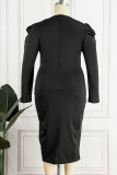Zwart Casual Solid Patchwork V-hals Lange mouw Grote maten jurken