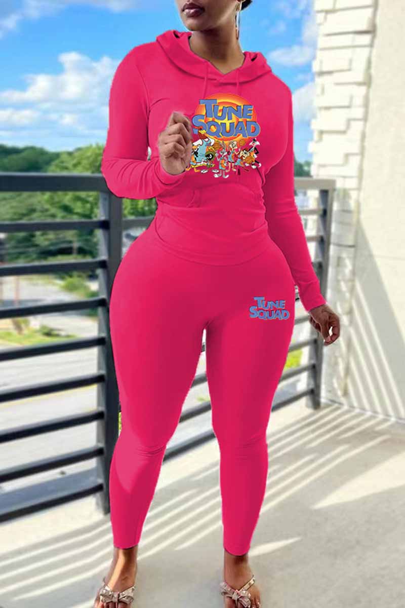 

Rose Red Street Character Print Letter Hooded Collar Long Sleeve Two Pieces