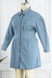 Голубое повседневное однотонное джинсовое платье с отложным воротником в стиле пэчворк Платья больших размеров
