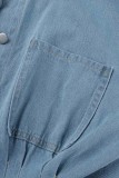 Hellblaues, lässiges, solides Patchwork-Jeanskleid mit Umlegekragen in Übergröße