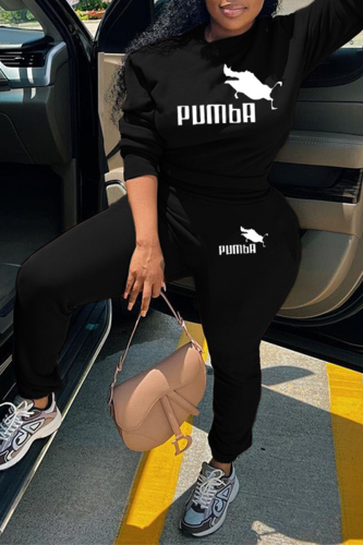 Black Street Print Patchwork O Neck Long Sleeve Two Pieces