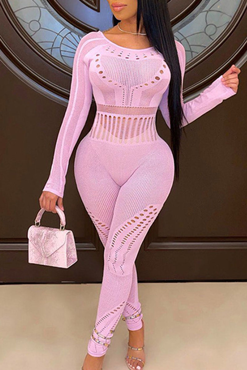 

Pink Sexy Solid Hollowed Out Patchwork O Neck Long Sleeve Two Pieces