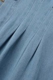 Vestido de mezclilla con cuello vuelto de patchwork sólido informal azul claro Vestidos de talla grande