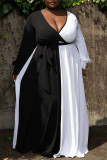 Schwarz Weiß Casual Solid Patchwork Kontrast V-Ausschnitt Langarm Kleider in Übergröße