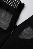 Черный сексуальный прозрачный цельный комбинезон с круглым вырезом и горячим сверлением (без подкладки)