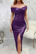 Púrpura sexy sólido patchwork hendidura fuera del hombro lápiz falda vestidos