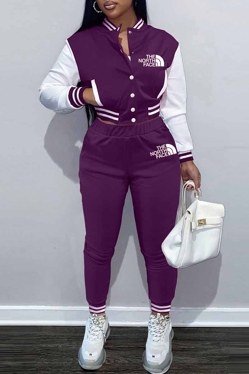 

Purple Casual Letter Patchwork Mandarin Collar Long Sleeve Two Pieces