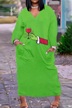 Vestidos rectos con cuello en V y patchwork con estampado casual rojo verde