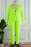 Pantaloni cardigan solidi casual verde fluorescente con scollo a V taglie forti in due pezzi