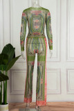 Green Print See-through O Neck Long Sleeve Two Pieces