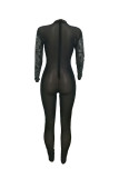Black Sexy Round Neck See-Through Hot Drilling Decorative One-piece Jumpsuits(Without Lining)