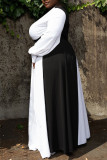 ブラック ホワイト カジュアル ソリッド パッチワーク コントラスト Vネック ロングスリーブ プラスサイズ ドレス