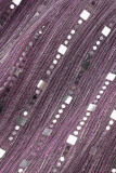 Púrpura sexy sólido lentejuelas patchwork transparente medio cuello alto tops