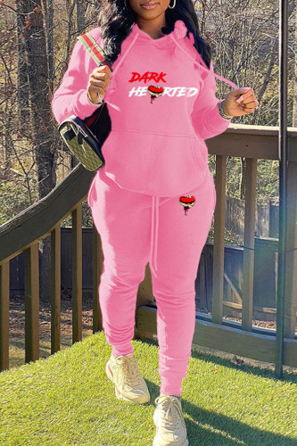 Pink Casual Letter Print Hooded Collar Long Sleeve Sweatshirt And Pants Sportwear Two Piece Jogger Set