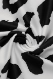 Negro sexy estampado patchwork volante medio cuello alto manga larga dos piezas
