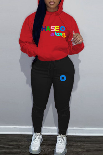Red Casual Letter Print Hooded Collar Long Sleeve Sweatshirt And Pants Sportwear Two Piece Jogger Set