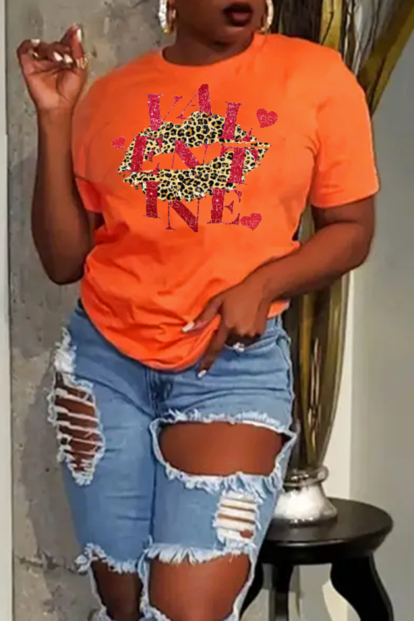 T-shirts à col rond en patchwork imprimés à lèvres vintage décontractés orange
