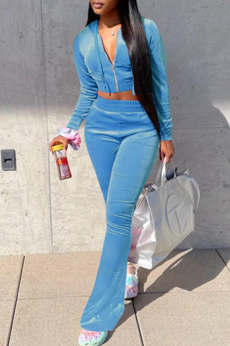 Light Blue Casual Zipper Hooded Collar Long Sleeve Crop Jackets And Flare Leg Sweatpants Two Pieces Jogger Sets