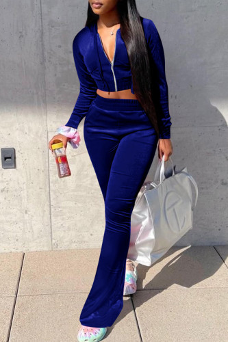 Deep Blue Casual Zipper Hooded Collar Long Sleeve Crop Jackets And Flare Leg Sweatpants Two Pieces Jogger Sets