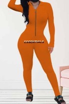 Orange Sexig Print Bokstav Dragkedja Krage Jumpsuits