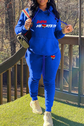 Blue Casual Letter Print Hooded Collar Long Sleeve Sweatshirt And Pants Sportwear Two Piece Jogger Set