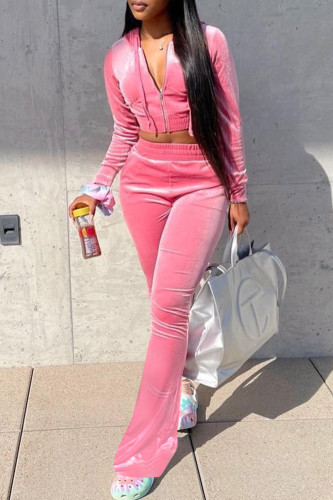 Pink Casual Zipper Hooded Collar Long Sleeve Crop Jackets And Flare Leg Sweatpants Two Pieces Jogger Sets