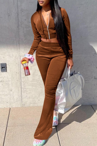 Brown Casual Zipper Hooded Collar Long Sleeve Crop Jackets And Flare Leg Sweatpants Two Pieces Jogger Sets
