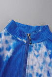 Azul real casual estampado patchwork cuello con cremallera manga larga dos piezas