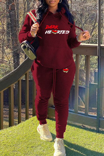 Burgundy Casual Letter Print Hooded Collar Long Sleeve Sweatshirt And Pants Sportwear Two Piece Jogger Set