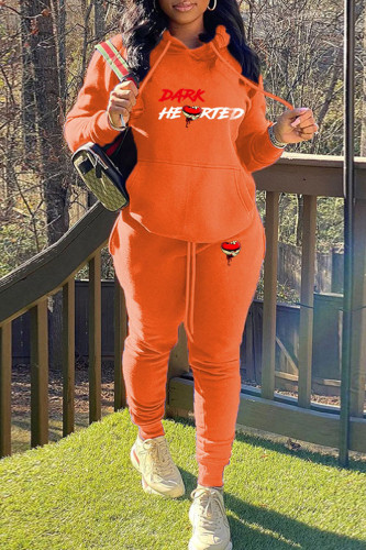 Orange Casual Letter Print Hooded Collar Long Sleeve Sweatshirt And Pants Sportwear Two Piece Jogger Set