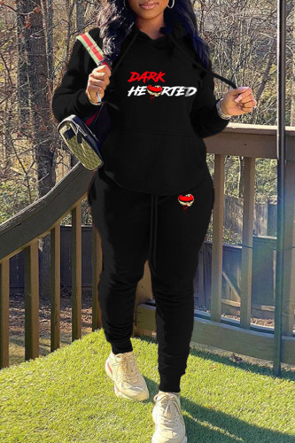 Black Casual Letter Print Hooded Collar Long Sleeve Sweatshirt And Pants Sportwear Two Piece Jogger Set