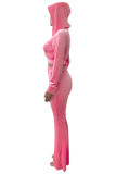 ピンクファッションカジュアルソリッドジッパーフード付きカラー長袖ツーピース