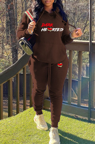 Brown Casual Letter Print Hooded Collar Long Sleeve Sweatshirt And Pants Sportwear Two Piece Jogger Set