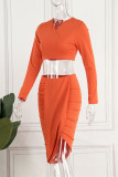 Orange Sexy Solid Patchwork Asymmetrical V Neck Long Sleeve Two Pieces