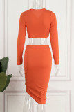 Orange Sexy Solid Patchwork Asymmetrical V Neck Long Sleeve Two Pieces