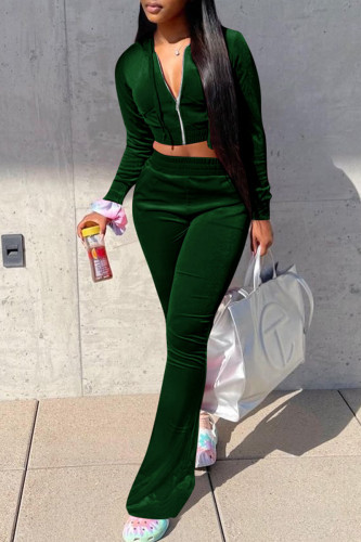 Ink Green Casual Zipper Hooded Collar Long Sleeve Crop Jackets And Flare Leg Sweatpants Two Pieces Jogger Sets