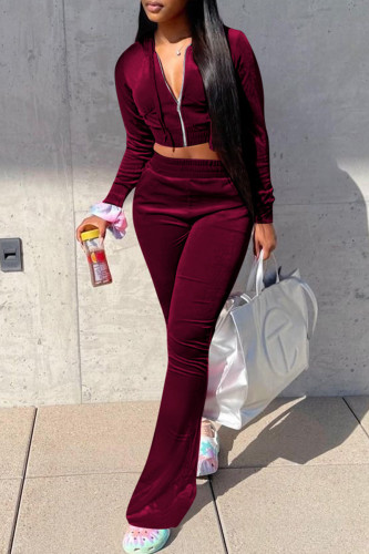 Burgundy Casual Zipper Hooded Collar Long Sleeve Crop Jackets And Flare Leg Sweatpants Two Pieces Jogger Sets