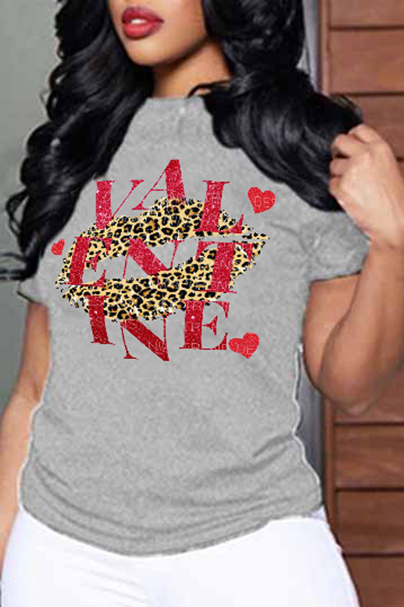 

Grey Casual Vintage Lips Printed Patchwork O Neck T-Shirts