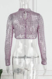Purple Sexy Solid Sequins Patchwork See-through Half A Turtleneck Tops