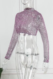Purple Sexy Solid Sequins Patchwork See-through Half A Turtleneck Tops
