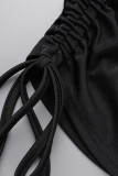 Zwarte Sexy Effen Patchwork Veren Asymmetrische Schuine Kraag Kokerrokjurken
