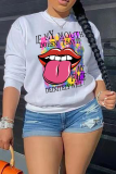 Gris Casual Street Lips Impreso Patchwork O Cuello Tops