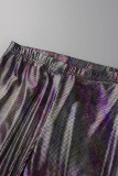 Pantalones casuales plateados de cintura alta con pliegues sólidos regulares