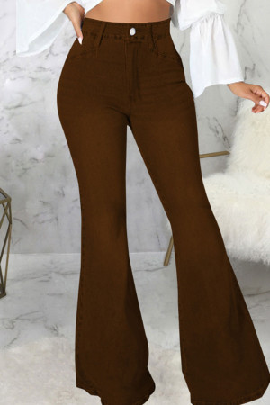 Dark Brown Casual Street Solid Patchwork High Waist Flare Leg Denim Jeans