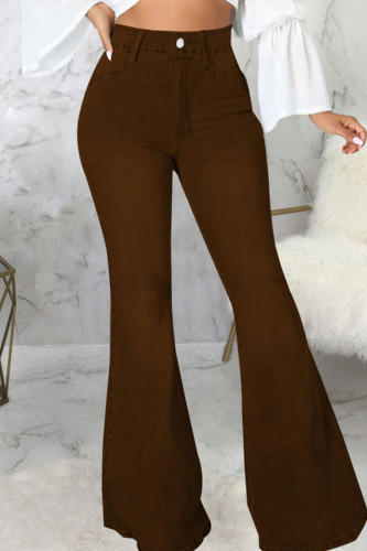 Dark Brown Casual Street Solid Patchwork High Waist Wide Leg Denim Jeans