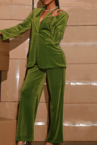 グリーンカジュアルソリッドパッチワークターンダウンカラー長袖ツーピース