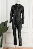 Zwart Casual Street Solid Patchwork Rits Rits Kraag Normale Jumpsuits