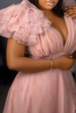 Naakt roze sexy elegante effen patchwork avondjurk met V-hals Grote maten jurken